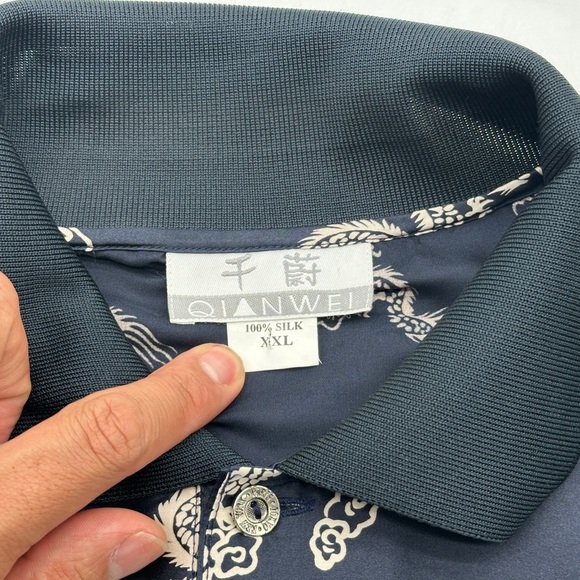 100% Silk Mens Blue Silver Polo Dragon Satin Button Front Shirt, 46” chest XXL - Picture 5 of 8